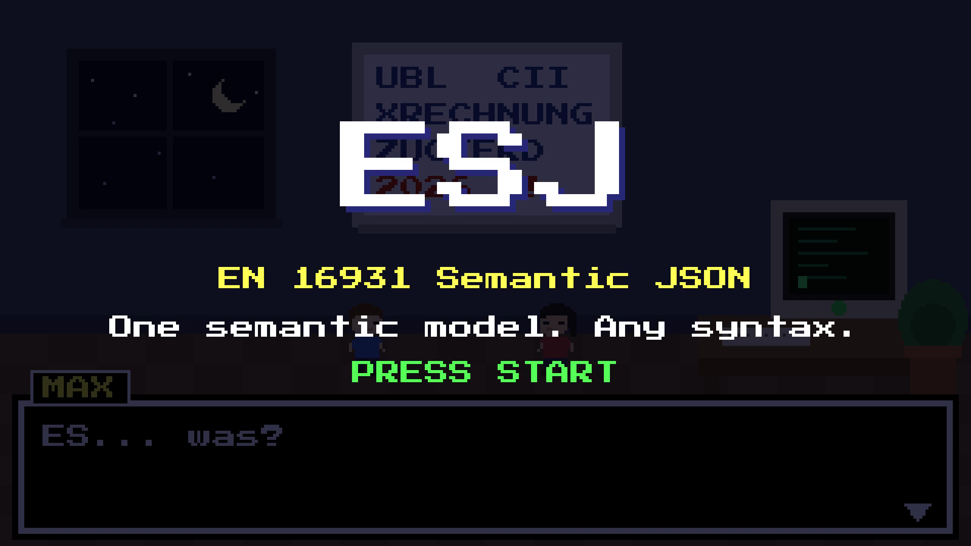 Titelbild des ESJ-Videos: ESJ &ndash; EN 16931 Semantic JSON &ndash; One semantic model. Any syntax. &ndash; Press Start